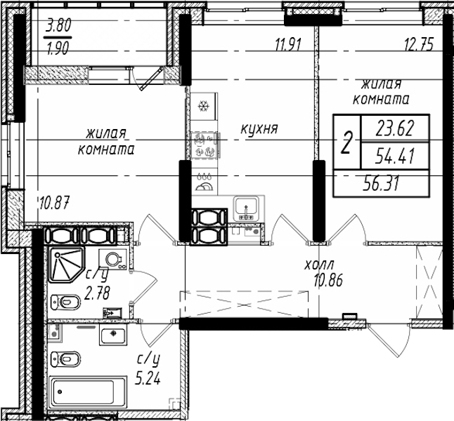 2-комнатная квартира 56.31 м², 24/25 эт., ЖК «Северная Долина»